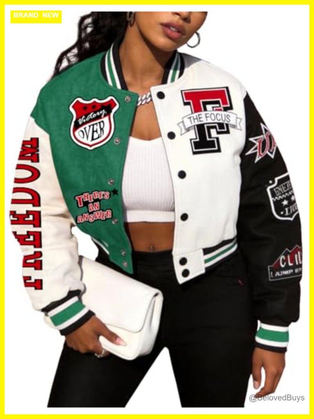 Women's Cropped Varsity Jacket Colorblock Baseball Streetwear Button Down